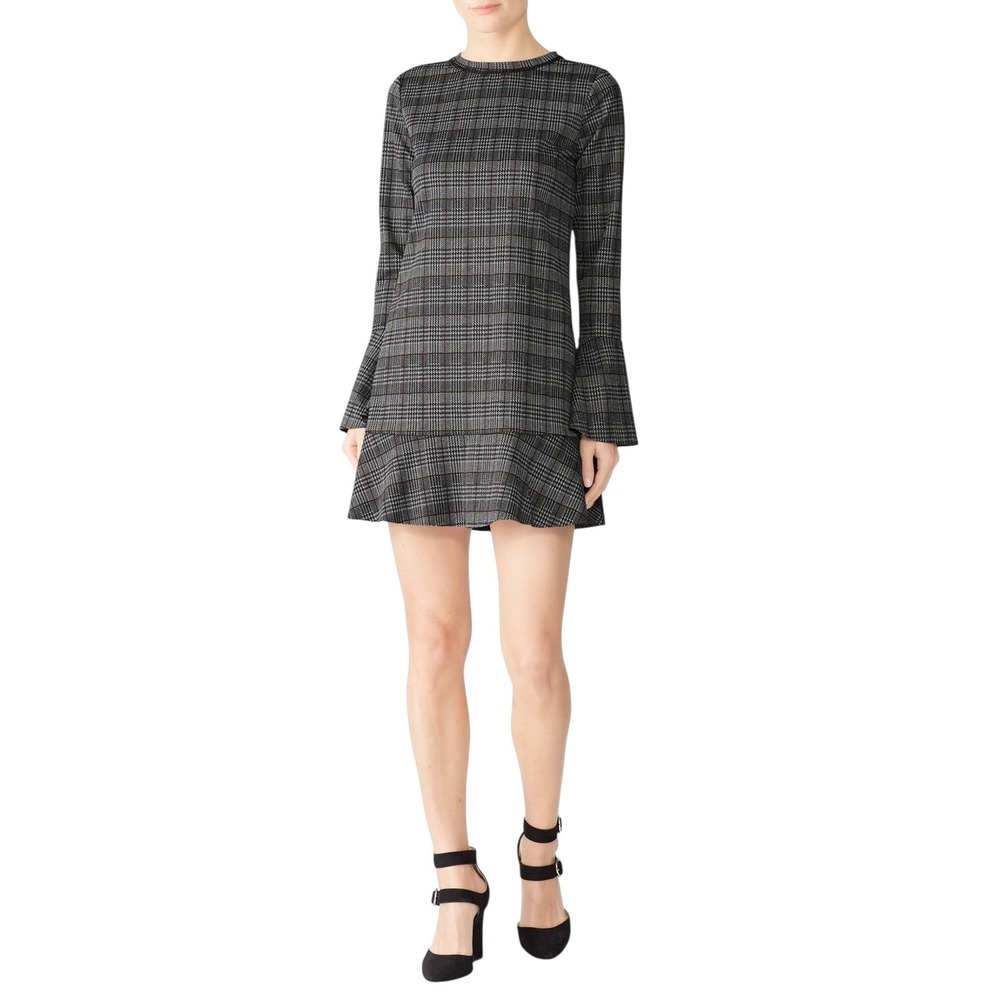 Michael Stars NWOT Plaid Bell Sleeve Flounce Hem Dress Women's Small Black Gray‎